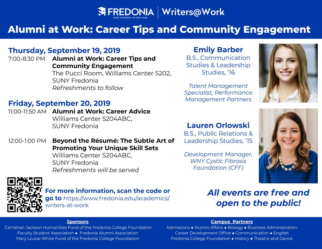 《工作中的校友——职业小贴士和社区参与》:Emily Barber和Lauren Orlowski, 2019年9月