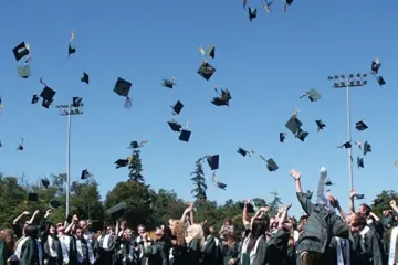 在毕业典礼上帽子扔向空中