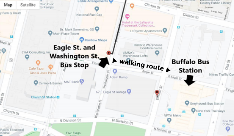 地图从布法罗市巴士转移到主要巴士总站的Coach USA到纽约州立大学弗里多尼亚分校